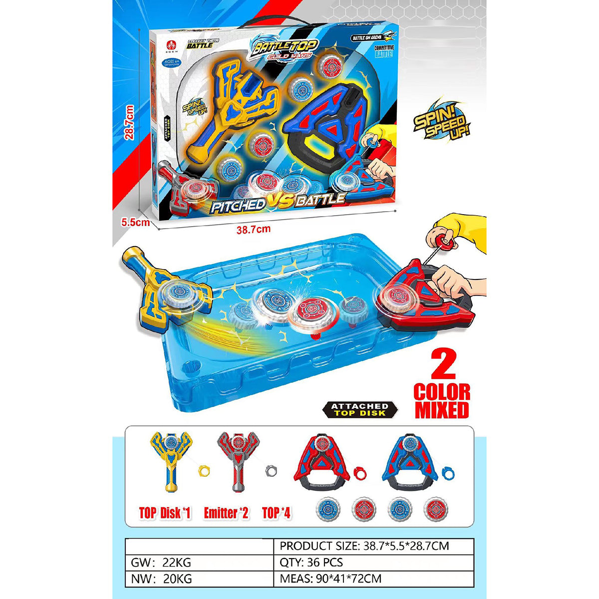 FUNTOP Battle Top Set(Random Color) includes 4 spinning tops, 2 launchers, and a battle arena for kids. Designed for high-speed spinning battles.